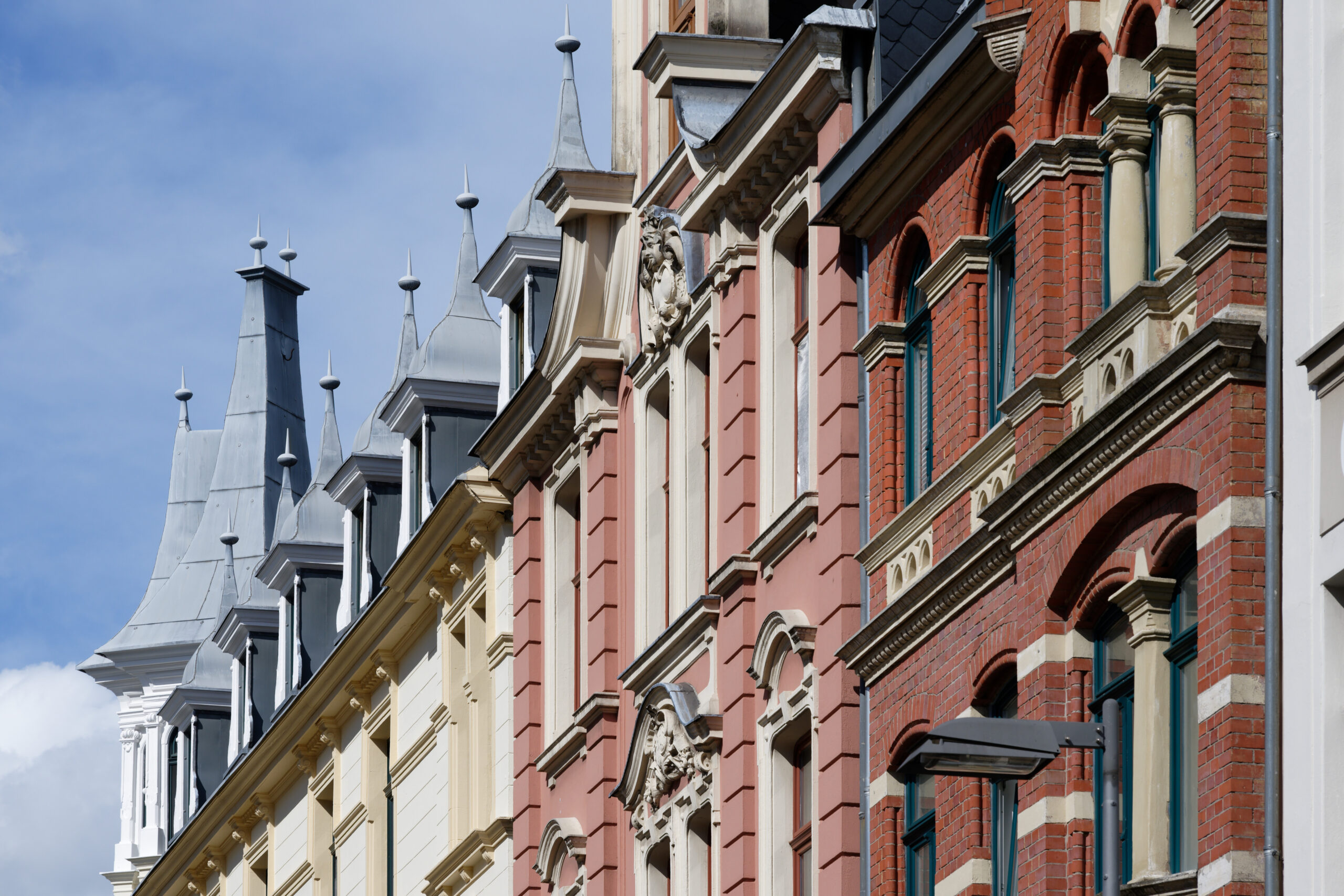 beautiful ornate pastel historicist facades with oriels and turrets from the end of the 19th century in cologne's friesenviertel district beautiful ornate pastel historicist facades with oriels and turrets from the end of the 19th century in cologne's friesenviertel district